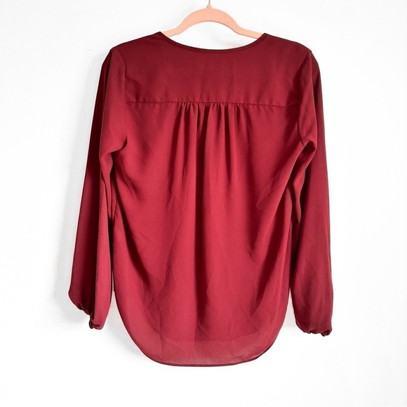 Joan Vass V Neck Balloon Sleeve Flowy Blouson Poplin Blouse burgundy Crimson XS - Picture 3 of 5